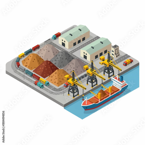 Industrial Port with Cargo Ship and Cranes.