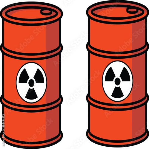Two orange industrial barrels display the universal radiation hazard warning symbol.