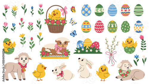 Easter vector set. Cartoon Easter bunnies, painted eggs, chicks, lambs with bows, spring flowers, and butterflies. Elements for Easter holiday design