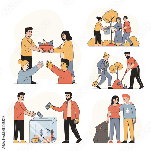 people helping each other in various charity activities