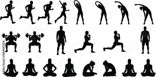 Fitness and workout silhouette set featuring running stretching strength training yoga meditation poses illustrating active healthy lifestyle black vector collection