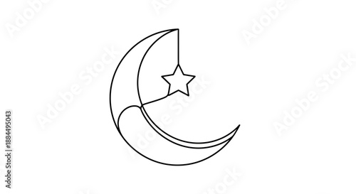 Crescent Moon with Star Simple Line Art.