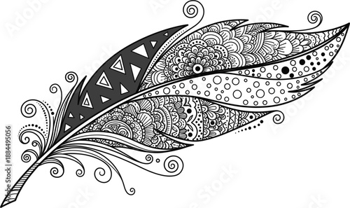 Detailed zentangle feather vector illustration featuring tribal patterns geometric shapes and bohemian swirls for ethnic decor tattoo design and creative adult coloring.
