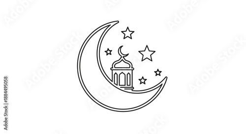 Crescent Moon with Mosque and Stars.