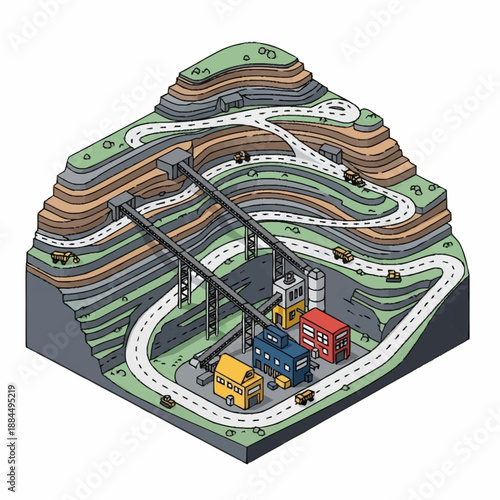 Isometric Industrial Mining Operation with Trucks and Buildings.