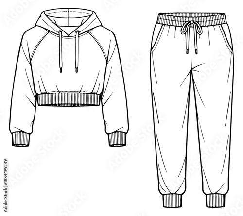 Hand drawn line art clothing set featuring a cropped hoodie and sweatpants for fashion design and apparel illustration