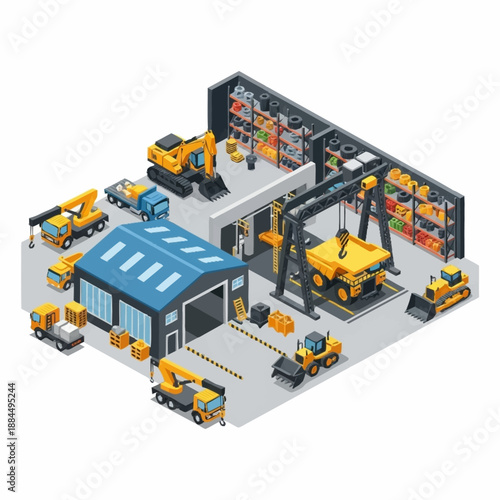 Isometric Industrial Warehouse with Heavy Machinery and Trucks.