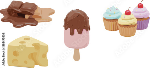 Dessert and Snack Illustration Set Featuring Melted Chocolate, Ice Cream Bar, Cupcakes with Toppings, and Cheese Block in Sweet Vector Style