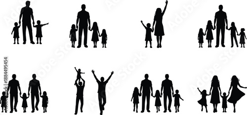 Family silhouettes collection showing parents and children together, joyful moments of love, care and bonding, isolated vector illustration on white background
