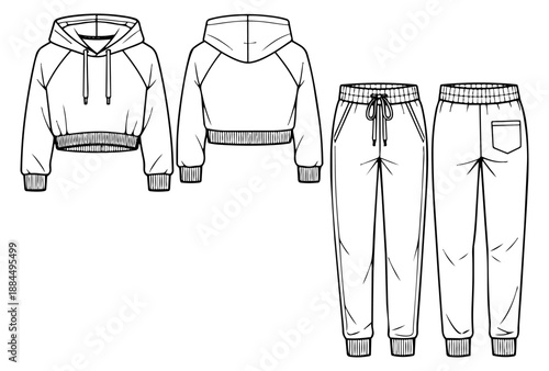 Line art apparel set featuring a cropped hoodie and jogger sweatpants for fashion design