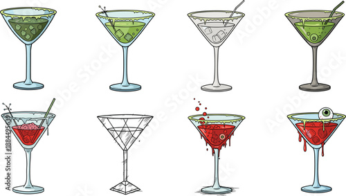 Hand drawn martini cocktail illustration set featuring green and red drinks, spooky Halloween elements, dripping glass rims, olives, ice, and creative bar art