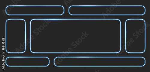Neon button call action frame with light effect isolated on dark bg. Hud game frame box with glow, blue neon pill shape for web or mobile ux, vector illustration. Different shape neon banner set.