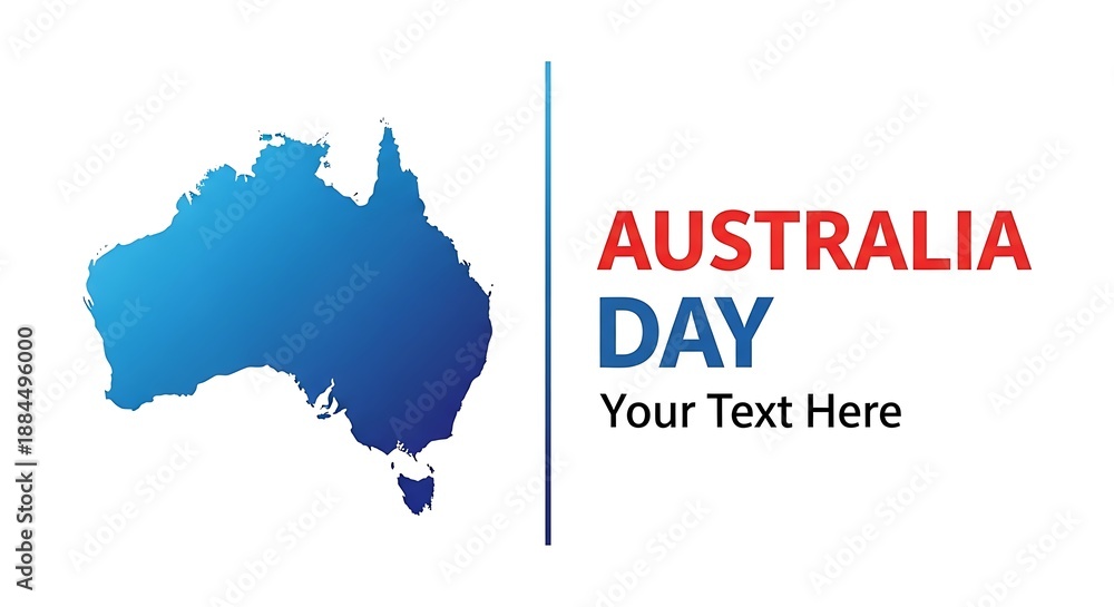 Obraz premium Iconic blue silhouette map of Australia positioned next to bold red and blue text celebrating Australia Day national public holiday observance
