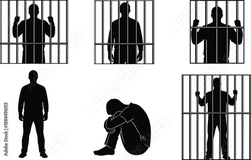 Prisoner silhouette set behind jail bars, criminal justice and incarceration concept, arrested man illustration isolated white background