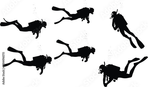 Scuba diver silhouettes set underwater in different swimming poses, isolated on white background, diving sport collection for ocean, adventure, travel and water activity design.