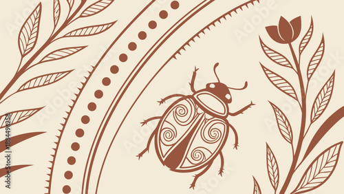 Stylized Brown Beetle with Swirls, Leaves, and Floral Decorative Pattern