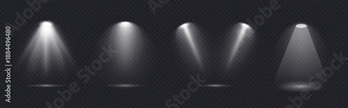 Spotlight set on transparent bg with reflection effect on floor. Light sources on dark wall, realistic soft concert light on abstract stage png. White projector scene with rays, vector illustration.