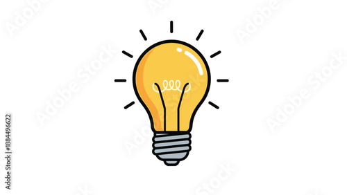 Bright yellow glowing light bulb with rays of light represents creative ideas innovation and inspiration for business and personal growth.