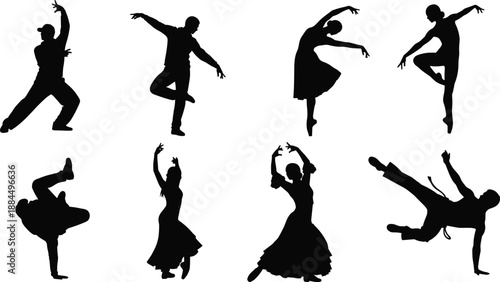 Dance silhouette illustration, black vector design, ballet pose, breakdance move, flamenco stance, elegant motion, expressive gesture, performance art, rhythm concept