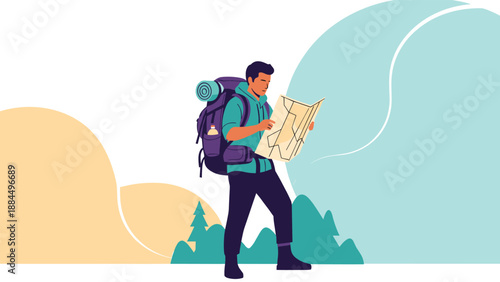 Young man with large backpack standing and looking at paper map during hiking trip in nature represents outdoor adventure and exploration.
