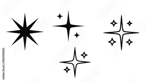 Set of black four pointed and eight pointed star sparkles on white background represents light shine and magical effects for graphic design.