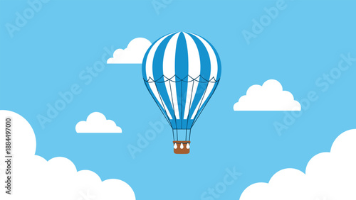 Blue and white striped hot air balloon flying among white clouds in bright blue sky represents freedom adventure and travel dreams.