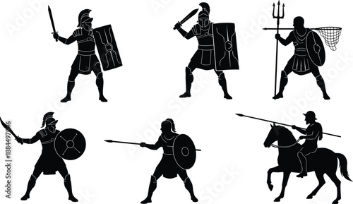 Gladiator silhouette illustration, black vector design, Roman warrior pose, trident and net, sword and shield, combat stance, ancient battle art