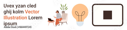 Creativity, design, branding, innovation, inspiration, modern workspace. A woman working at a desk, a light bulb and a square icon. Creativity and design concept