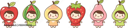 Collection of six cute children characters wearing fruit costumes including apple watermelon strawberry pear and peach isolated on white for kids design
