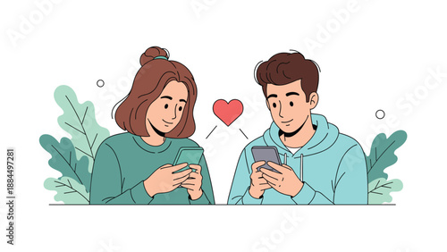 Young man and woman sitting together and using their smartphones with heart symbol above represent modern dating and digital relationships.