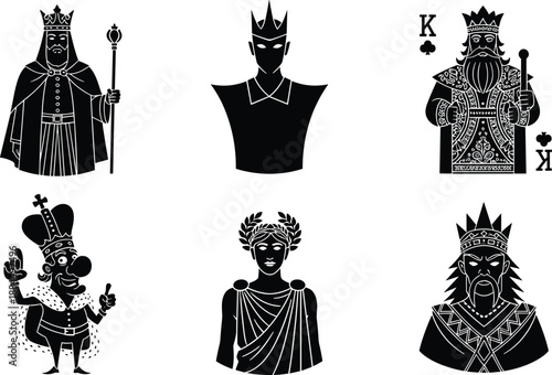 King silhouette illustration, black vector design, royal figure, crown pose, scepter, robe, laurel wreath, cartoon king, emperor, regal art