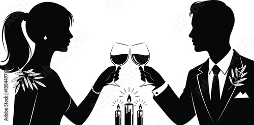 Romantic couple silhouette toasting wine glasses, elegant man and woman celebrating candlelight dinner, love date illustration concept