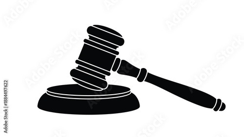Black silhouette of a judicial gavel and sound block represents law justice court proceedings and legal system authority in society.