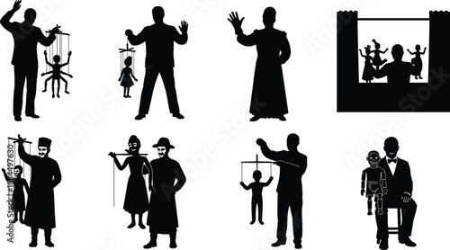 Marionette puppet silhouette illustration, black vector design, control pose, stage performance, strings manipulation, theatrical concept, symbolic art, influence theme