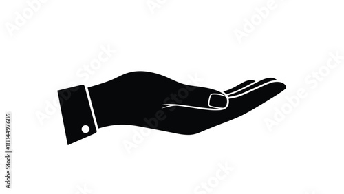 Black silhouette of an open human hand palm up represents giving receiving help support and kindness in interpersonal communication.