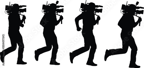 Running cameraman silhouettes set with professional video cameras, dynamic action filming journalism media black vector illustration collection