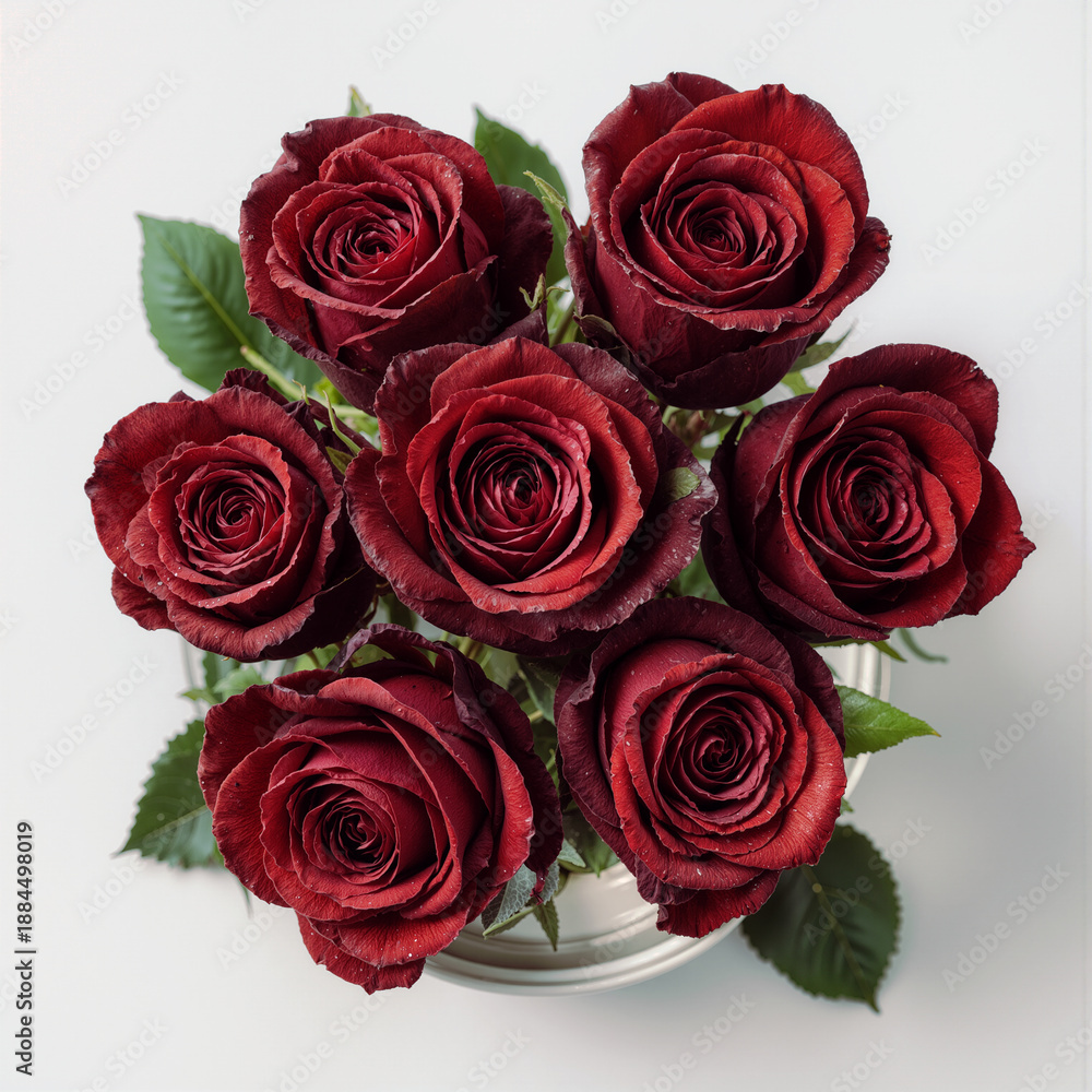 Obraz premium Descriptive: Overhead View of Deep Red Rose Bouquet in Vase on White Background created with Generative AI Technology, ai, generative 