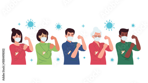 Group of diverse people wearing face masks and showing band aids on their arms after vaccination represents public health and protection.