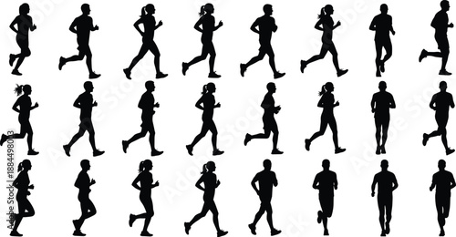 Running people silhouettes set, male female joggers in motion, fitness exercise concept, marathon training runners illustration collection