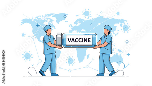 Two doctors in blue scrubs carrying a large bottle of vaccine against world map background represent global healthcare efforts and solutions.