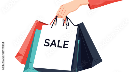 Hand holding several colorful shopping bags with a large white bag featuring SALE text represents retail discounts and consumer behavior.