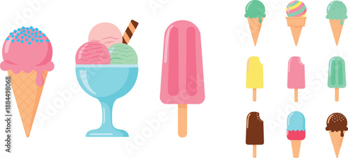 Vector illustration set featuring artisanal ice cream cones colorful popsicles and a gourmet sundae bowl for summer dessert menus