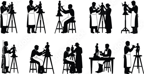 Sculptor artist silhouettes, clay modeling process, creative workshop scene, professional craftsmanship concept, ceramic sculpture making illustration art