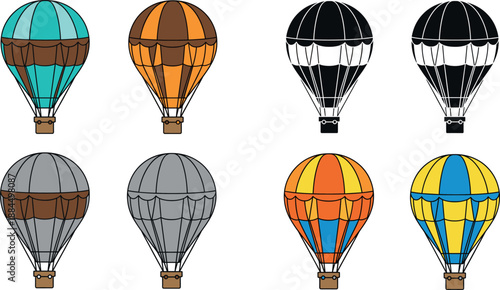 Vector illustration set featuring artisanal hot air balloons with various color patterns including teal orange and monochromatic styles
