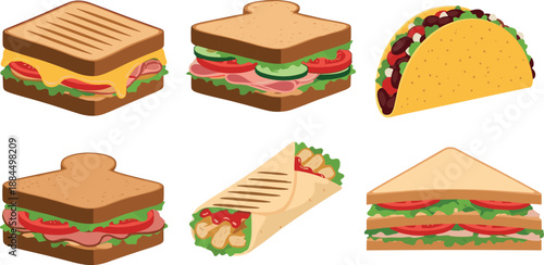 Vector illustration set featuring assorted deli sandwiches grilled panini chicken wraps and a loaded taco for menu designs