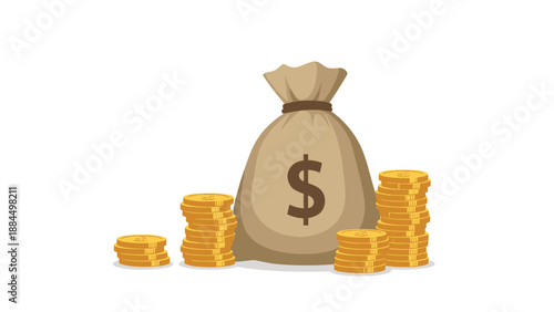 Large sack of money featuring a dollar symbol surrounded by multiple piles of gold coins on a clean white background for finance concepts.