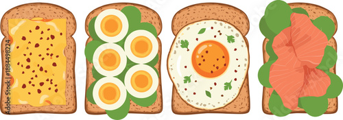Vector illustration set featuring assorted healthy whole grain breakfast toasts with salmon eggs avocado and spinach for menus