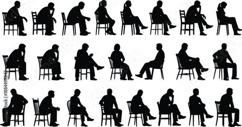 Seated people silhouette collection, men and women sitting on chairs in thoughtful relaxed poses, black human figures isolated on white background