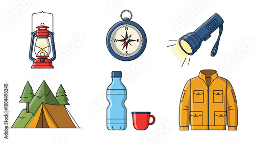 Collection of essential camping and outdoor adventure gear icons including a lantern, compass, flashlight, tent, water bottle, and jacket.