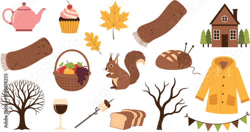 Vector illustration set featuring autumn harvest basket yellow raincoat squirrel scarves and cozy seasonal elements for fall branding designs